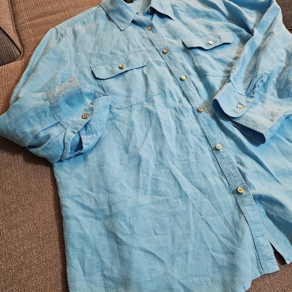 Lauren Ralph Lauren Linen Light Blue Turquoise Lagenlook Relaxed Button Top 1X - Picture 3 of 6